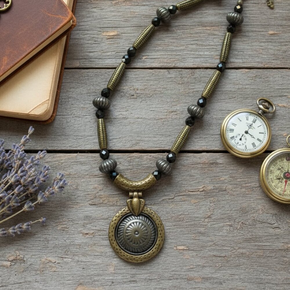 Chico's Antique Brass and Black Beaded Pendant Necklace